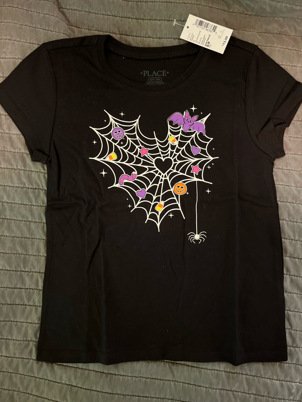 The Children's Place Black Short Sleeve Halloween Spiderweb Tee with Purple Bat